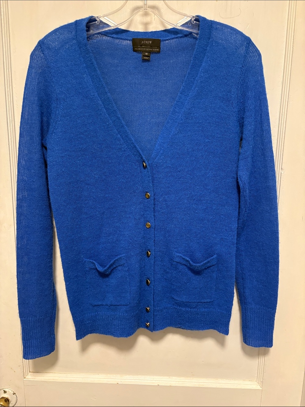 J. Crew Bright Blue Button-Front V-Neck Alpaca Cardigan Accented Gem Buttons Xs